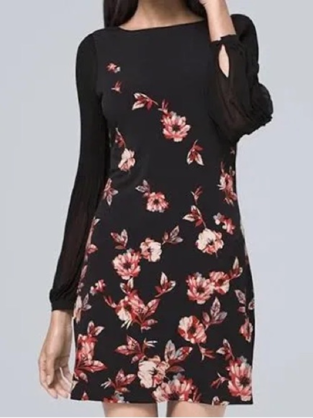 White House Black Market Black Dress with Red-Pink Floral Print size medium